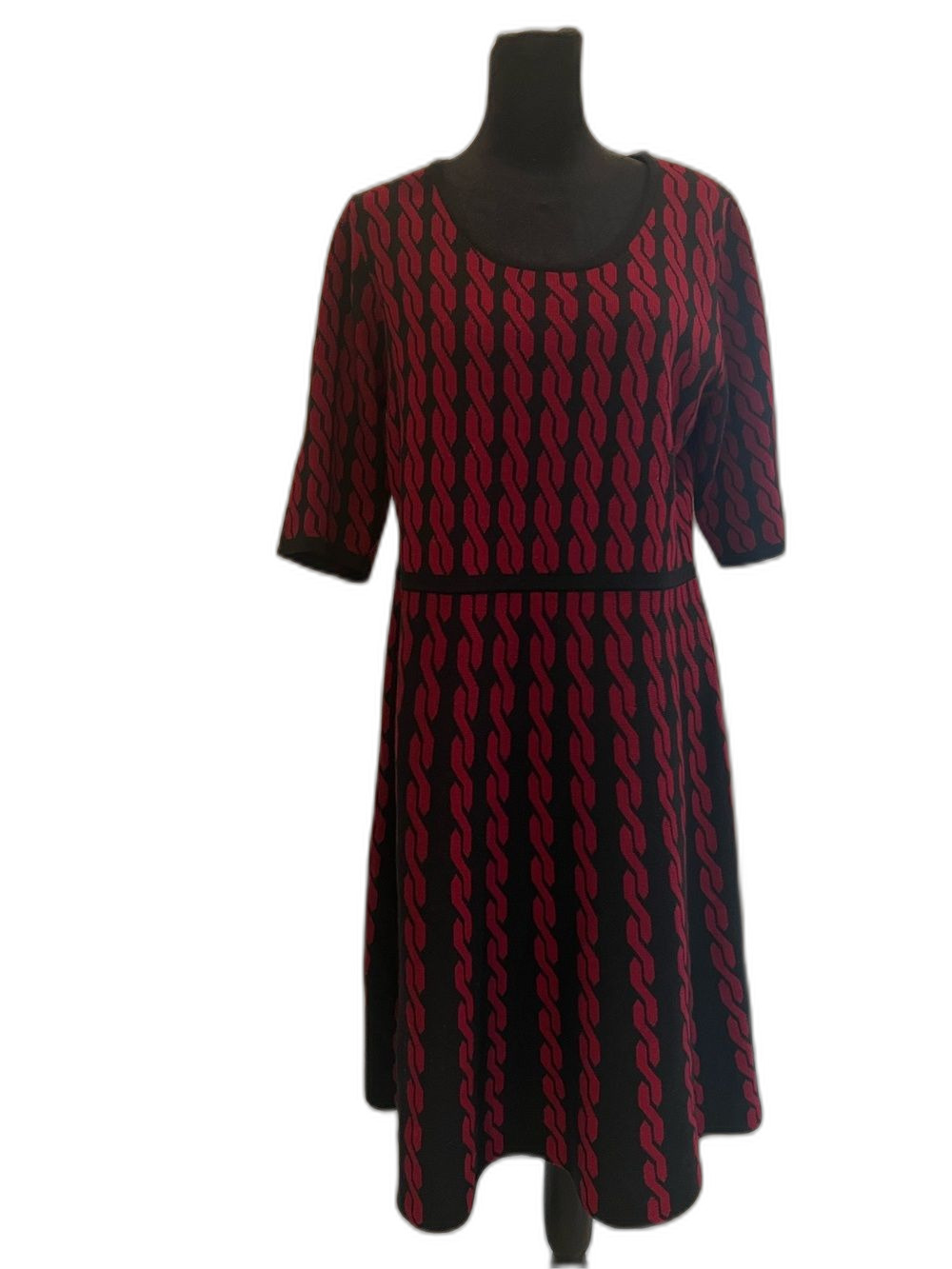 Sandra Darren XL Black Burgundy Patterned A-Line Midi Dress 3/4 Sleeve